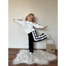 Cg Kids Fiyonk Kol Detaylı Ve Baskılı Kız Çocuk İspanyol Paça 2 İplik Alt Üst Eşofman Takım Siyah