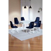 Sonata Beyaz 80 x 132 Açılabilen MDF Masa Metal Ayaklı Mutfak Masası Takımı 6 Lacivert Sandalye