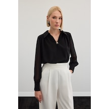 Sateen Aksesuarlı Salaş Bluz - Siyah-136471 Siyah