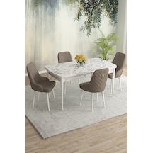 Eylül Beyaz Mermer Desen 80x132 Mdf Açılabilir Mutfak Masası Takımı 4 Adet Sandalye Cappuccino