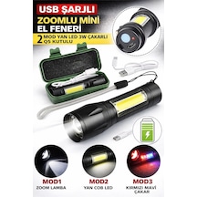 Usb Şarjlı Zoomlu Mini El Feneri 3 Mod Yan Cob Led Çakar Q5 Güçlü Işık Kutulu Diğer