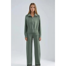 Fiolin Modal Dokulu Fermuarlı Sweatshirt & Pantolon İkili Takım haki