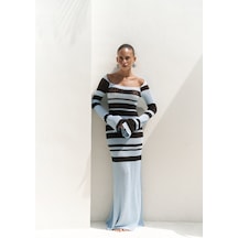 Mai Collection Mai Studios Co. Wora Çizgili Triko Mavi Uzun Elbise Mavi
