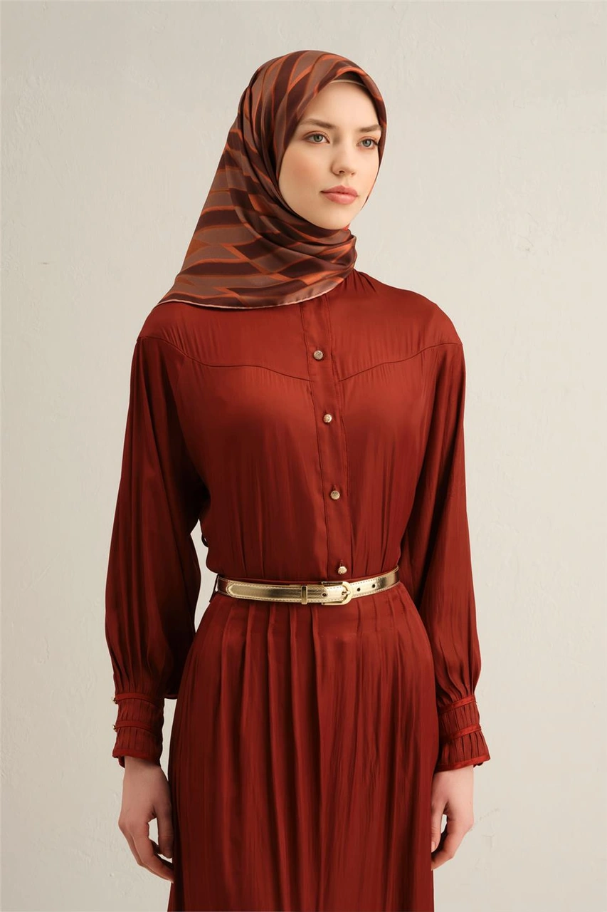 Armine Geometrik Desenli Saf İpek Twill Eşarp 9325d 24 KAhverengi