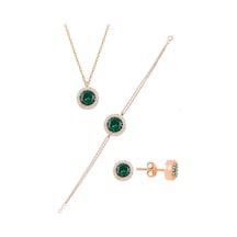 Söğütlü Silver Gümüş Rose Zirkon Ve Kök Zümrüt Taşlı Pırlanta Modeli Üçlü Set