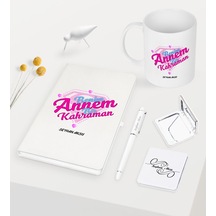 Kişiye Özel Annem Bir Kahraman Beyaz Defter Kalem Kupa Ayna Seti