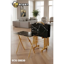 Eranş Serisi 4'lü Katlanır Cam Siyah Mermer Desen Çanta Zigon Sehpa Gold Ayak Siyah Mermer Desen Gold