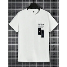 Beyaz Oversize Nasa Baskılı T-shirt - Oversize Baskılı Bisiklet Yaka Kısa Kol Rahat Kalıp Tişört Beyaz