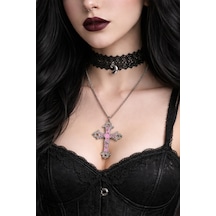 Pembe Detaylı Gotik Haç Kolye Gümüş Renk Zincir Unisex Çok renkli