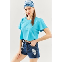 Kadın Rahat %100 Pamuklu Penye Bisiklet Yaka Kısa Kol Basic Crop T-shirt Aqua