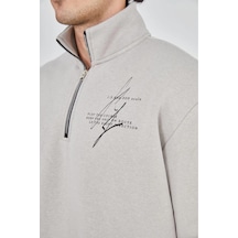Erkek Yarım Fermuarlı Baskılı 3 İplik Pamuklu Sweatshirt - Boyalı Gri