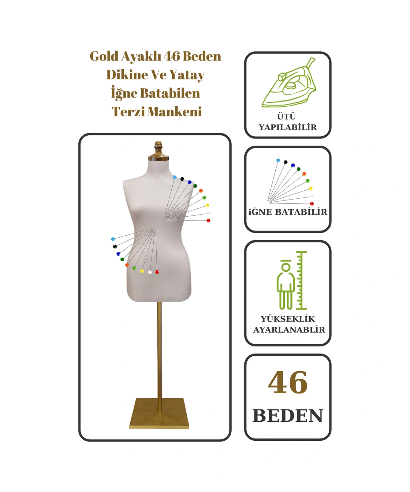 46 Beden Iğne Batabilen Terzi Mankeni Prova Mankeni Sünger Manken Gold Ayaklı Beyaz Kumaş Po-01