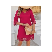 Butik İstanbul Kadın Kısa Kollu V Yakalı Lazer Kesim Çiçek Desenli Kısa Ithal Krep Elbise Kırmızı