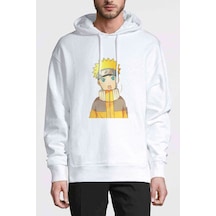 Anime Naruto Uzamaki Baskılı Beyaz Erkek Örme Kapşonlu Sweatshirt