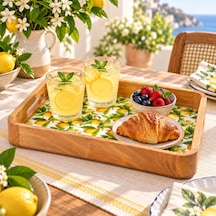 Mango Ağacı Dikdörtgen Servis Tepsisi, 33 X 22 X 4,70 Cm Limon Desenli Ahşap Sunum Tepsisi, Yüksek Kenarlı Kahvalt