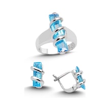 Kuyumcudükkani Mavi Topaz Renk Zirkon Taşlı Yüzük Küpe Seti-24008-w-blu 24 Beyaz