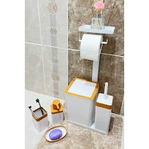 6 Parça Banyo Seti Çöp Kovası, Wc Fırça, Tuvalet Kağıtlık, Diş Fırçalık, Sıvı Sabunluk, Sabunluk Beyaz - Kahverengi