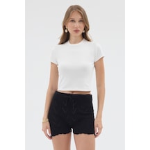 Urbantrendstore Kadın Bisiklet Yaka Likralı Kısa Kol Body Crop Bluz Günlük Şık Sade Yazlık Casual Crop Kadın Crop Beyaz