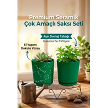 Newme 2'li Seramik Saksı Kalemlik,fırçalık,masa Organizeri / Modern Dekoratif El Yapımı Tasarım Yeşil