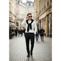 Deepsea Erkek Beyaz Rahat Kalıp Çizgi Dokulu Triko Kazak Şık & Modern Tasarım 2605432 Beyaz