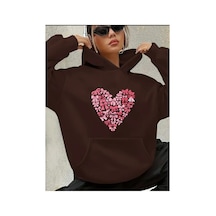Herkesemoda Kalp Fiyonk Baskılı İçi Polarlı Kapüşonlu Sweatshirt Kahverengi