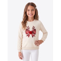 Onloox Kız Çocuk Krem Kız Çocuk Krem Pamuklu Bisiklet Yaka Regular Kalıp Simli Ponponlu Yılbaşı Sweatshirt 6-12 Yaş