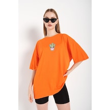Flood Of Style Kadın Turuncu Cactus Logo Baskılı Oversize T-shirt