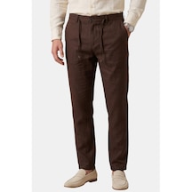 Deepsea Kahve Slim Fit Likralı Keten Dokulu Lastikli Belli İpli Yazlık Erkek Pantolon 2603001