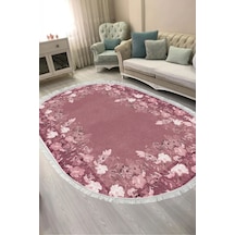 Dijital Baskılı Oval Salon Halısı Kaymaz Yıkanabilir Keçe Taban Saçaklı Çiçekli P1388 Bordo
