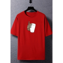 Unisex Tupac Coffee Baskılı T-shirt Kırmızı