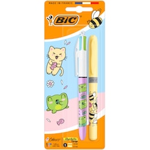 Bıc 4 Colours Kawaii Animals 4 Renkli Tükenmez Kalem + Fosforlu Kalem 2 Li Set Çok Renkli