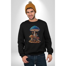 Renkli Mantar Süsler Unisex Siyah Baskılı Sweatshirt Siyah