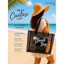 Mainshop Büyük Boy Beach Bag Siyah Şeffaf Deniz Plaj Çantası M-plj02