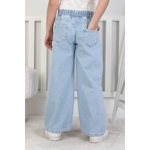 Moonch Kız Çocuk Çiçek Nakışlı Geniş Paça Jean Pantolon Mavi