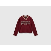 United Colors Of Benetton Benetton Kız Çocuk Payet İşlemeli Şeritli V Yaka Boxy Fit Uzun Kollu T-shirt Bordo