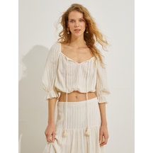 Koton Salaş Crop Bluz Balon Kollu Kare Yaka Ekru Çizgili 3sak60172ew 3SAK60172EW0S1 Ekru