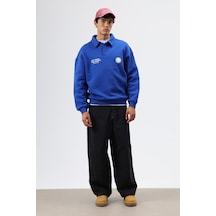 Vamos Polo Yaka Oversize Baskılı Yıkamalı Sweatshirt Saks Mavi