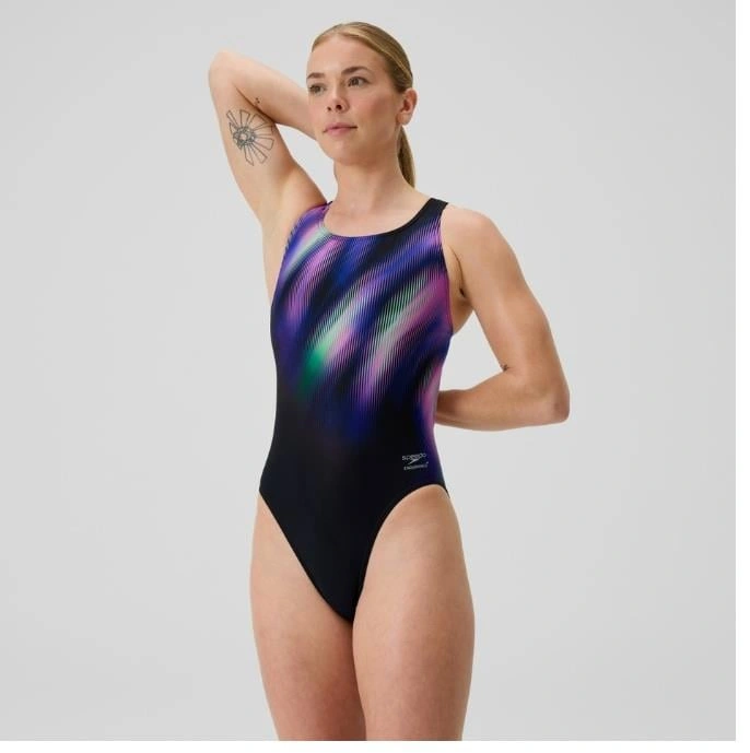 Speedo Printed Powerback Kadın Yüzücü Mayosu Siyah