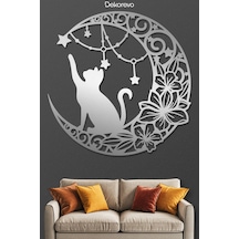 Floral Hilal Ve Kedi Silüeti Dekoratif Metal Tablo - Metal Duvar Sanatı - Krom - 30 X 30 Cm