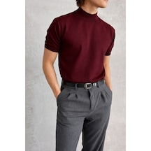 Erkek Oversize Yarım Balıkçı Triko Kısa Kol T-shirt Bordo