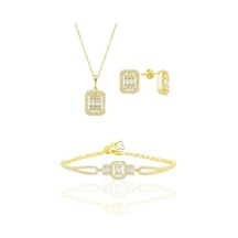 Gümüş Altın Yaldızlı Baget Taşlı Kolye Küpe Ve Bilezik Gümüş Set