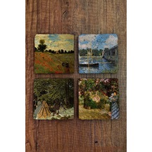 Doğal Taş Bardak Altlığı Uv Baskılı 4'lü Set Claude Monet - Stone Coasters Çok Renkli