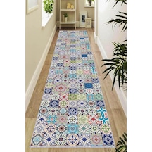 Rugviva Kaymaz Taban Makinede Yıkanabilir Renkli Çini Kesme Rulo Yolluk Ar499, Turkuaz, 60 X 200 Çok Renkli