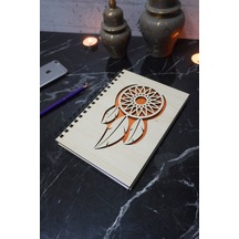 Rüya Kapanı Desenli Ahşap Kapaklı Defter - Ajanda - Günlük - Çizgisiz Defter - Anı Defteri