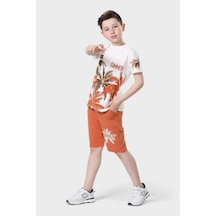 Veramoni Yazlık Çocuk Sümmer&tropical Baskılı Kısa Kollu Bisiklet Yaka T-shirt Şort Alt Üst Takım Turuncu