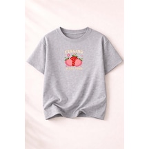 Herkesemoda Feelıng Baskı Detaylı Kadın Bisiklet Yaka Pamuklu T-shirt Gri