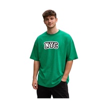 Unisex Oversize Yeşil Nyc Baskılı Tişört %100 Pamuk Salaş Streetwear Kadın Erkek T-shirt Yeşil