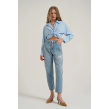 Yırtık Detaylı Denim Pantolon Buz Mavi Mavi