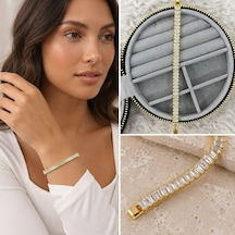 Premium Parlak Ve Şık Baget Taşlı Gold Renk 316l Çelik Kadın Bileklik 20cm Altın
