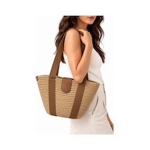 Levano Leather Kadın Hasır Tote Omuz Çantası Deri Detaylı Geniş İç Hacimli Günlük Yazlık Çanta 38x28 Cm Bej